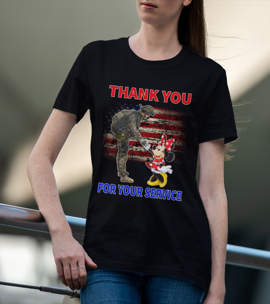 Thank You For Your Service Soldier And Minnie Mouse With American Flag Background T-Shirt