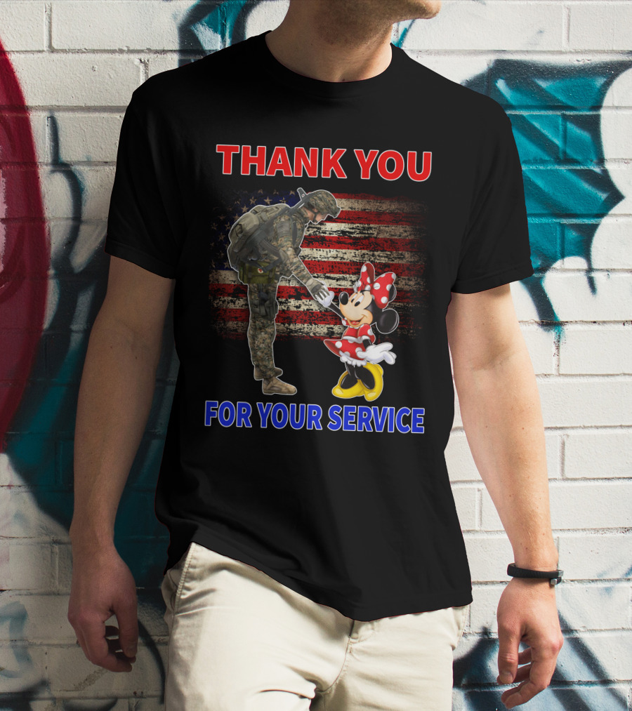 Thank You For Your Service Soldier And Minnie Mouse With American Flag Background T-Shirt