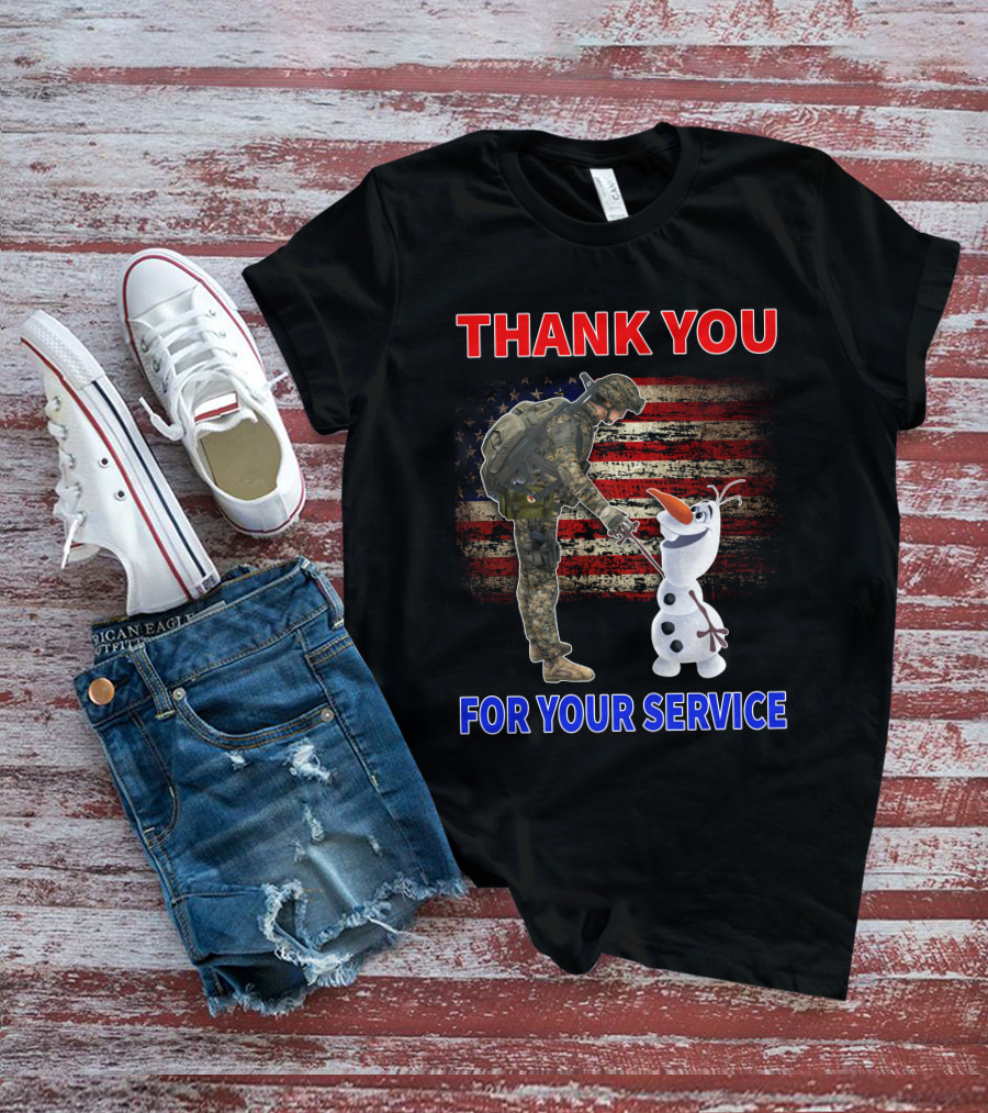 Thank You For Your Service Soldier With Olaf And American Flag T-Shirt