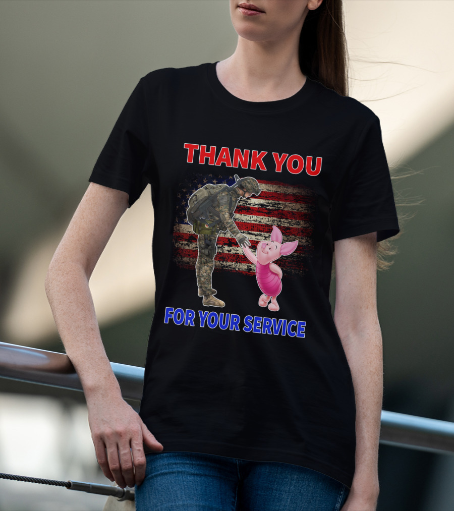 Thank You For Your Service Piglet Soldier American Flag T-Shirt