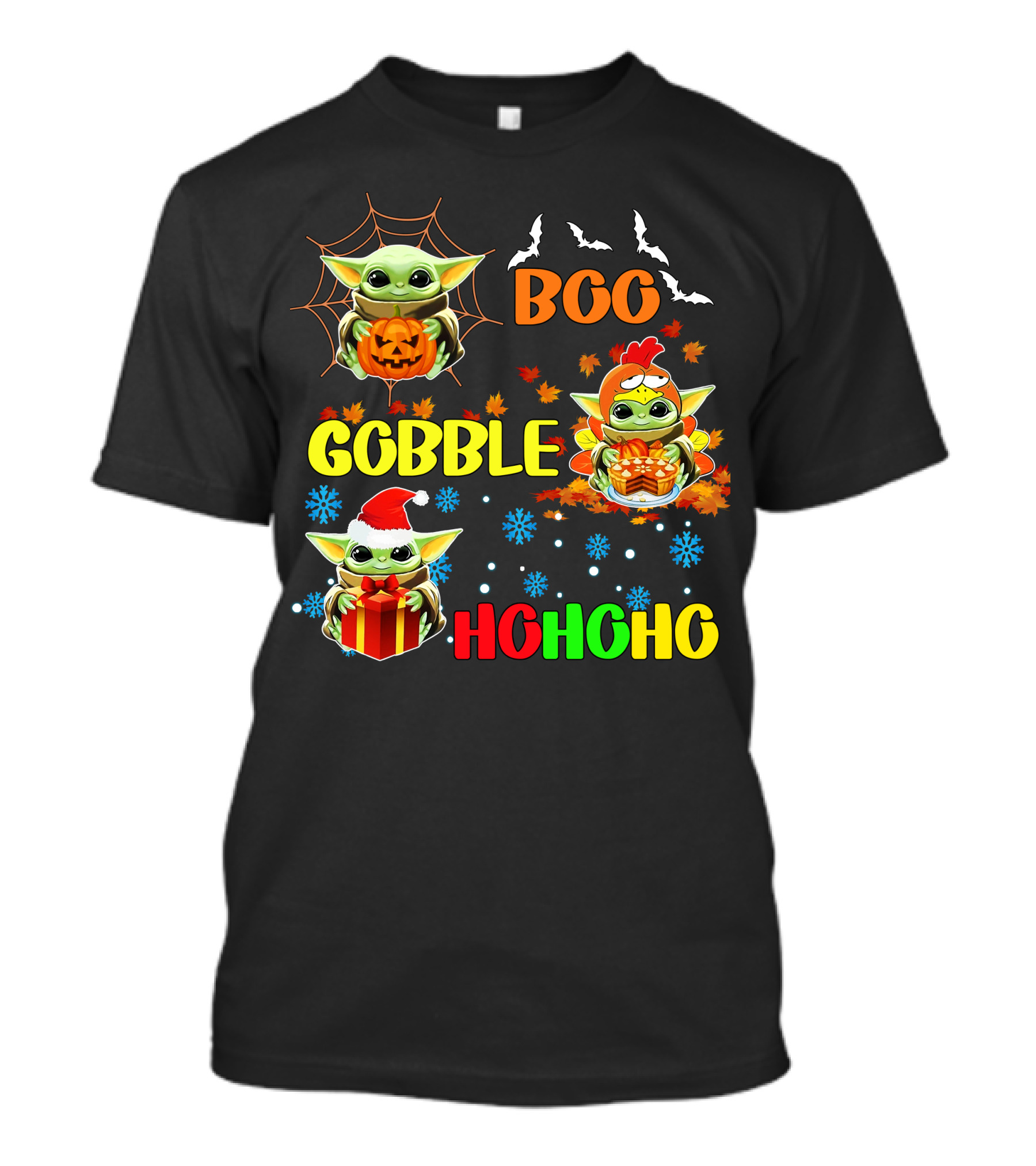 Baby Yoda Boo Gobble HoHoHo HalloThanksMas T-Shirt