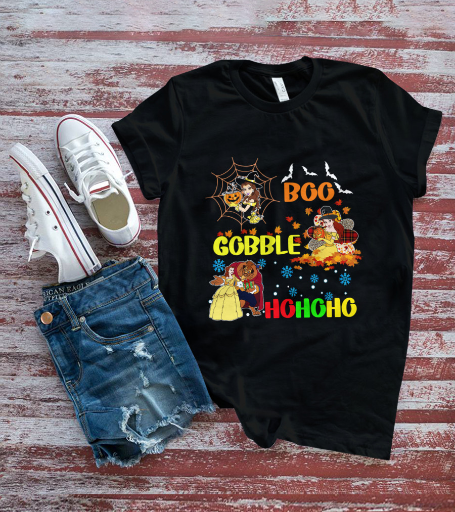 Boo Gobble Hohoho Belle HalloThanksMas T-Shirt