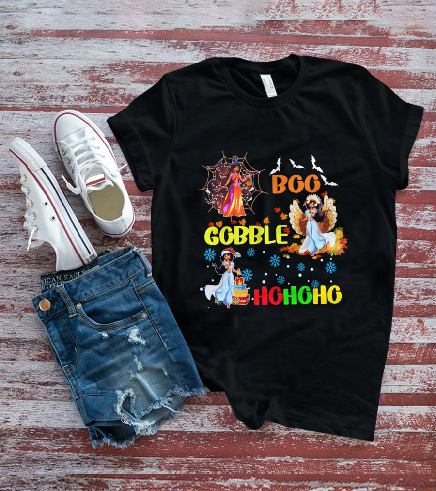Jasmine Boo Gobble HoHoHo HalloThanksMas Bats Leaves Snowflakes T-Shirt