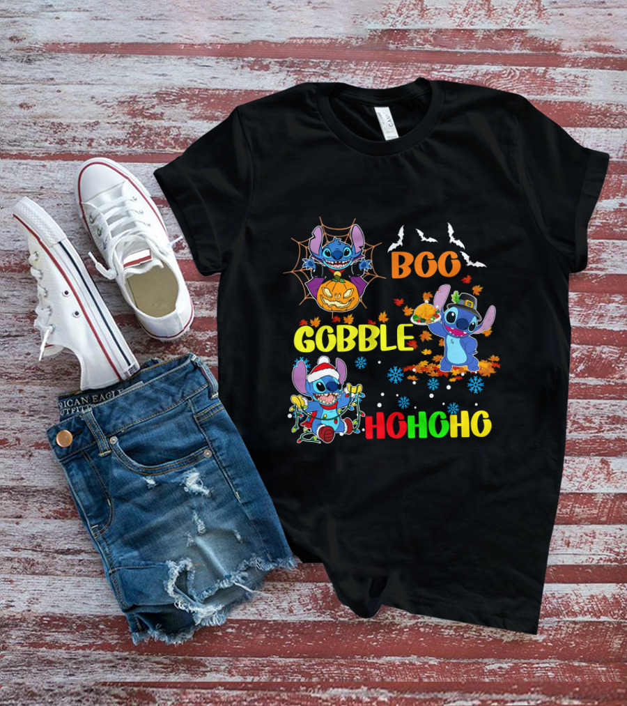 Stitch Boo Gobble Ho Ho Ho HalloThanksMas T-Shirt