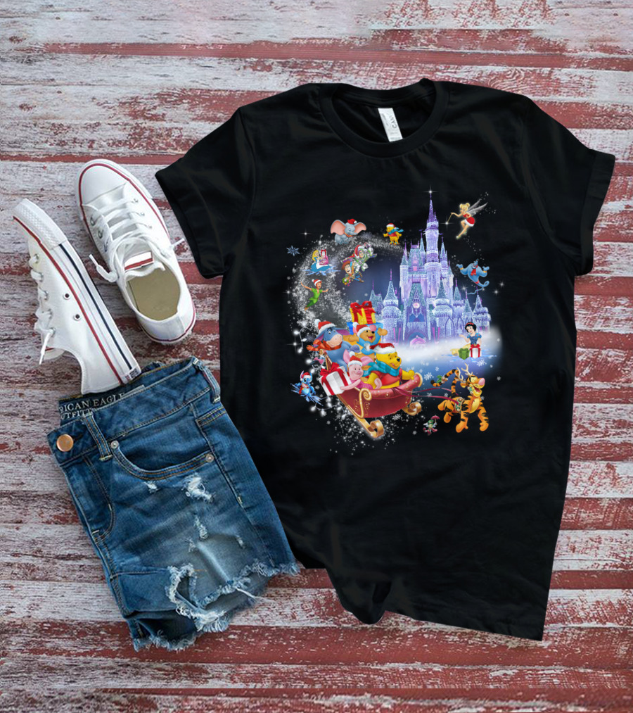 Pooh Christmas Disney Winter Wonderland With Castle And Characters T-Shirt