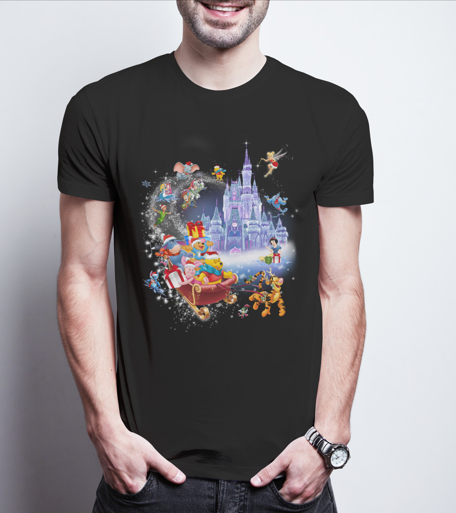 Pooh Christmas Disney Winter Wonderland With Castle And Characters T-Shirt