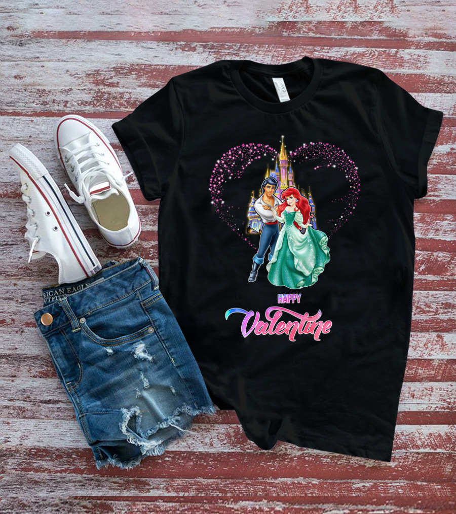 Happy Valentine Ariel Disney Princess Castle Hearts T-Shirt