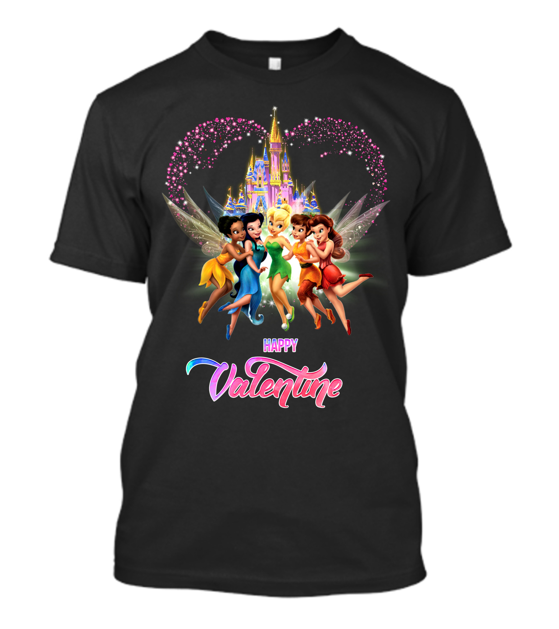 Happy Valentine Tinkerbell And Friends With Castle And Heart Magic T-Shirt