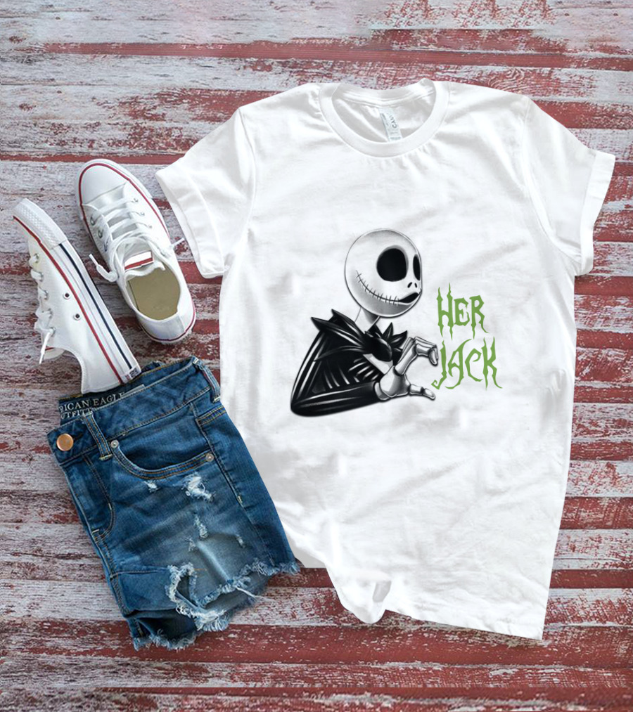 HER JACK SKELETON CHARACTER SKETCH BLACK AND WHITE GREEN LETTERING T-Shirt