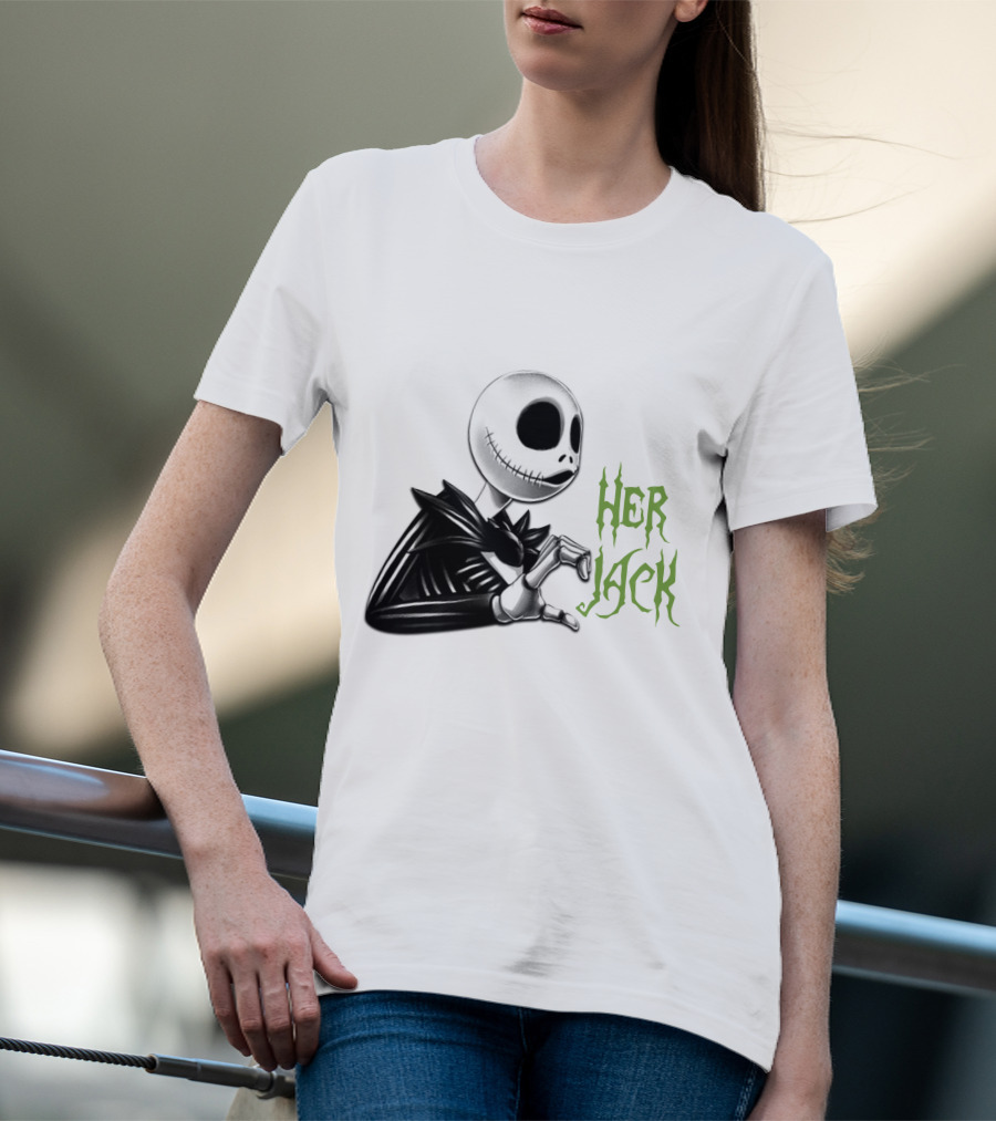 HER JACK SKELETON CHARACTER SKETCH BLACK AND WHITE GREEN LETTERING T-Shirt