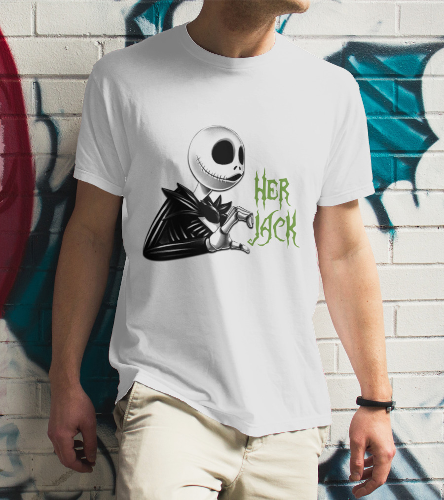 HER JACK SKELETON CHARACTER SKETCH BLACK AND WHITE GREEN LETTERING T-Shirt
