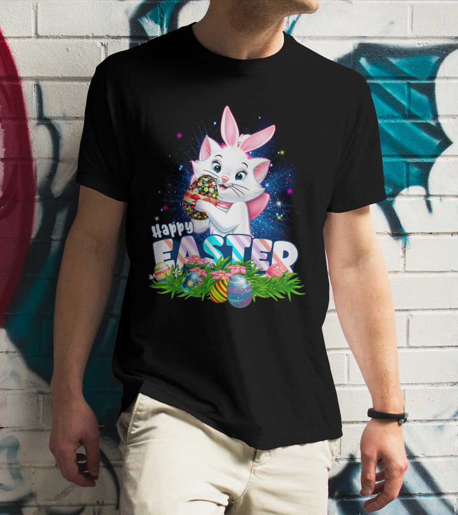 Happy Easter Marie Cat With Colorful Easter Eggs And Flowers T-Shirt