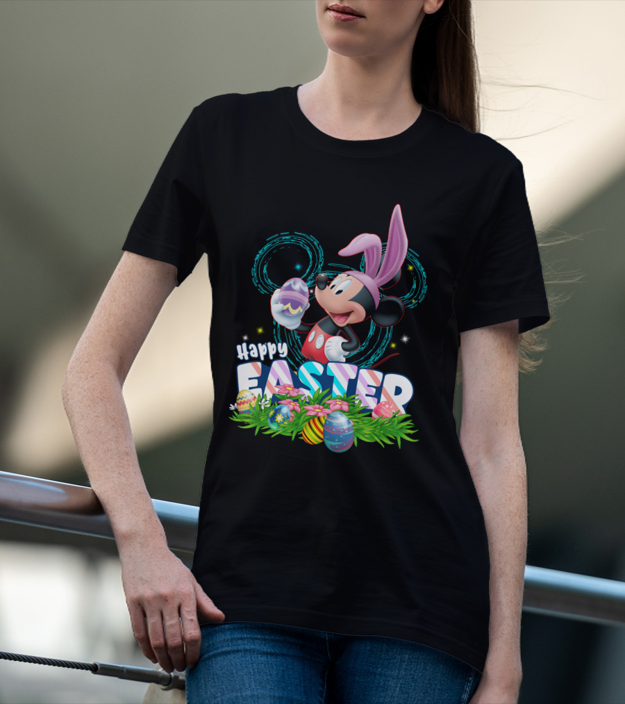 MK Happy Easter Mickey Mouse Bunny Ears Holding Colorful Easter Eggs In Grass T-Shirt