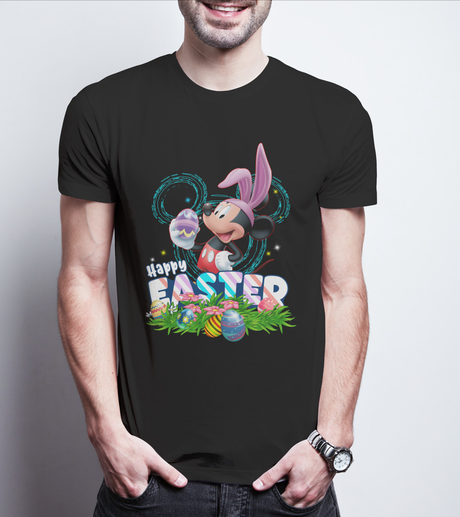 MK Happy Easter Mickey Mouse Bunny Ears Holding Colorful Easter Eggs In Grass T-Shirt