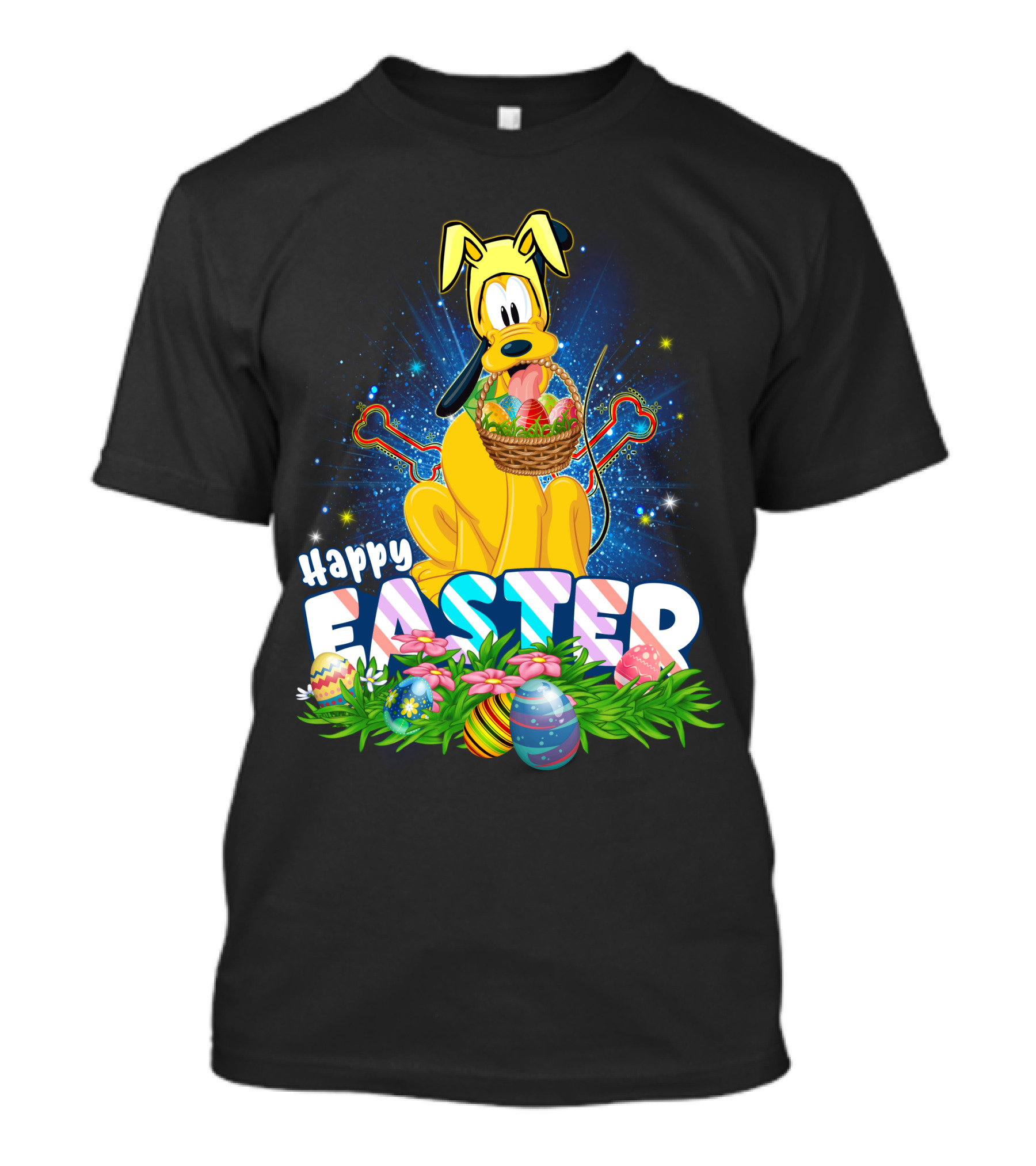 Pluto Happy Easter Basket With Eggs And Flowers T-Shirt