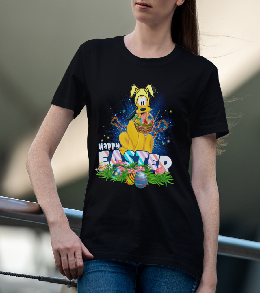 Pluto Happy Easter Basket With Eggs And Flowers T-Shirt