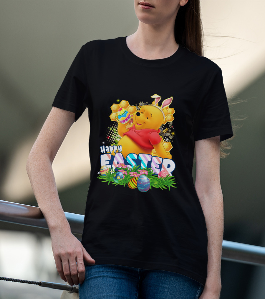Pooh Happy Easter With Eggs And Honeycomb Background T-Shirt