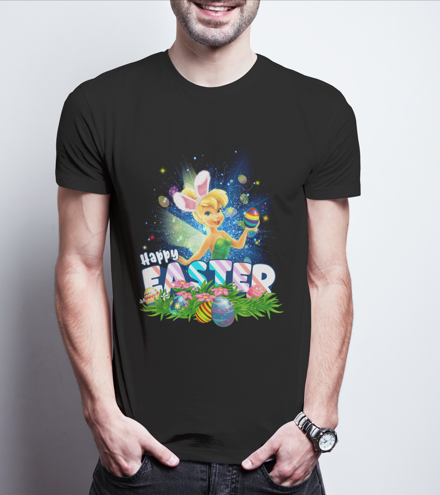 Happy Easter Tinkerbell With Bunny Ears And Colorful Eggs T-Shirt