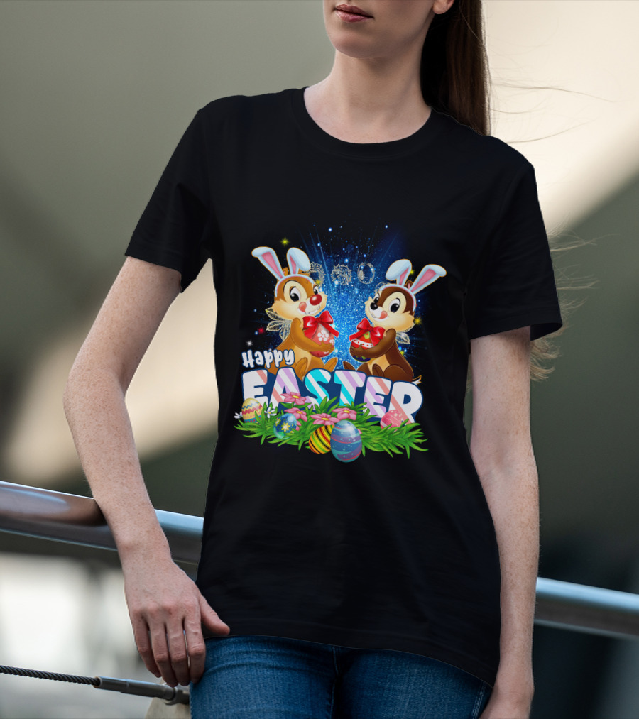 Chip Dale Happy Easter With Bunny Ears And Colorful Eggs T-Shirt