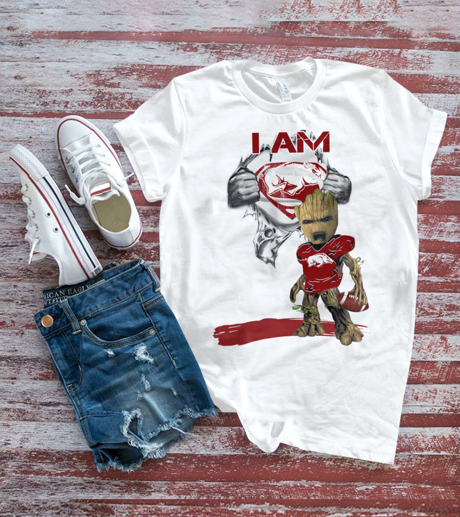 I AM Arkansas Razorbacks Baby Groot Superman T-Shirt