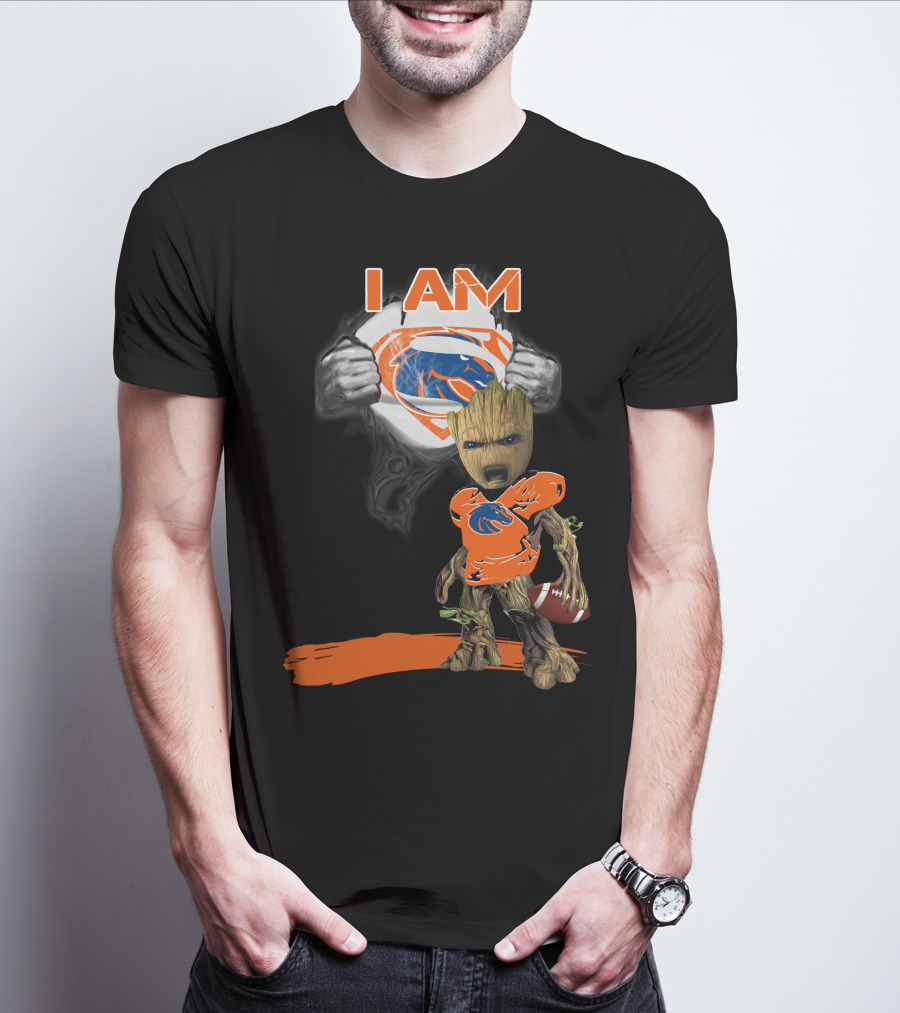 Boise State Broncos Baby Groot Superman I Am Football Fan T-Shirt