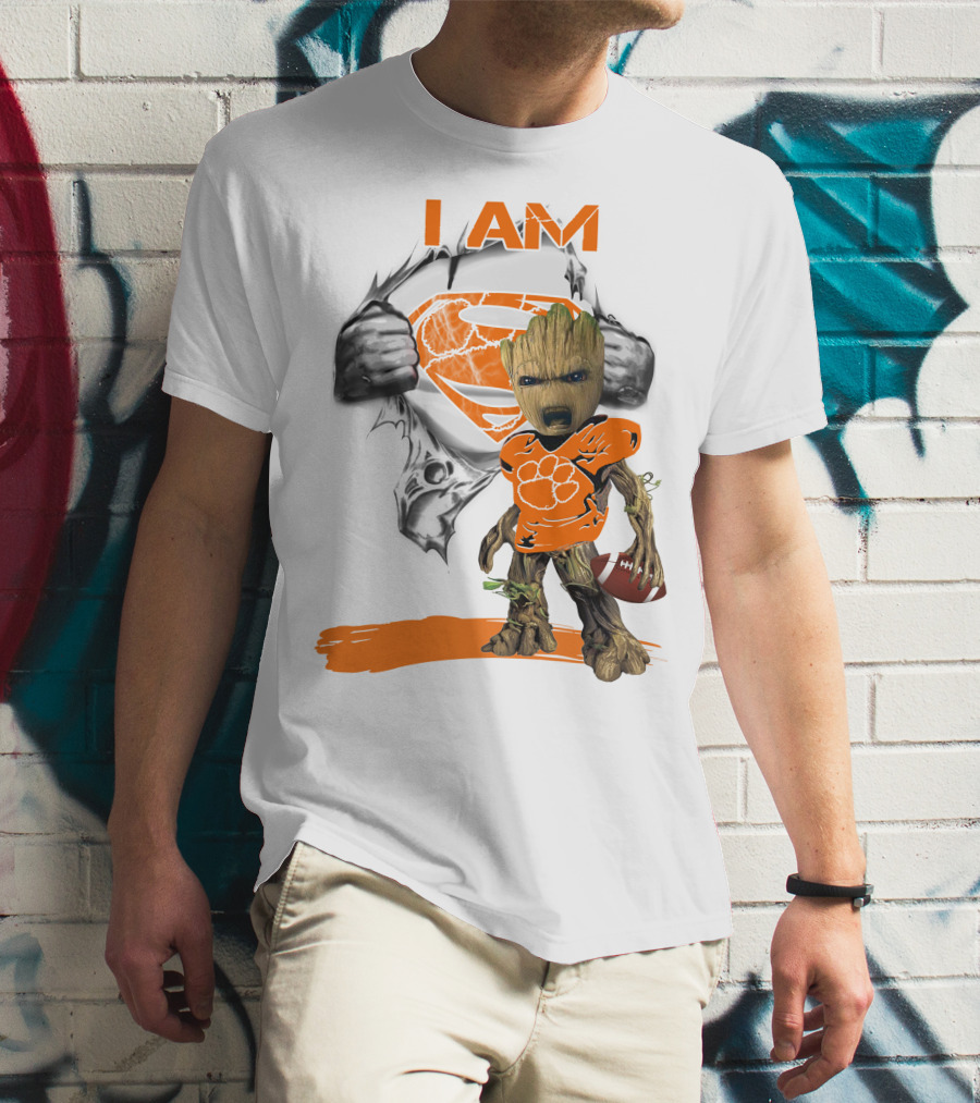 I Am Clemson Baby Groot Superman Football T-Shirt