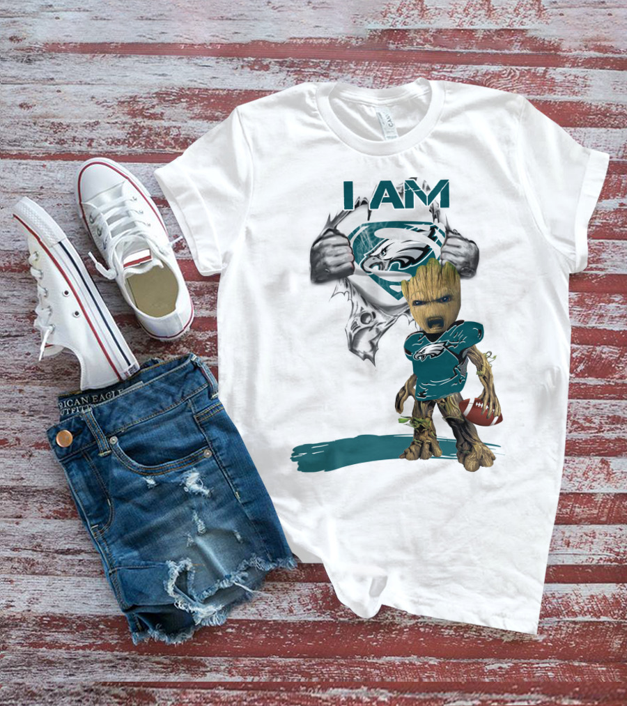 I Am Eagles Baby Groot Superman Football Fan T-Shirt