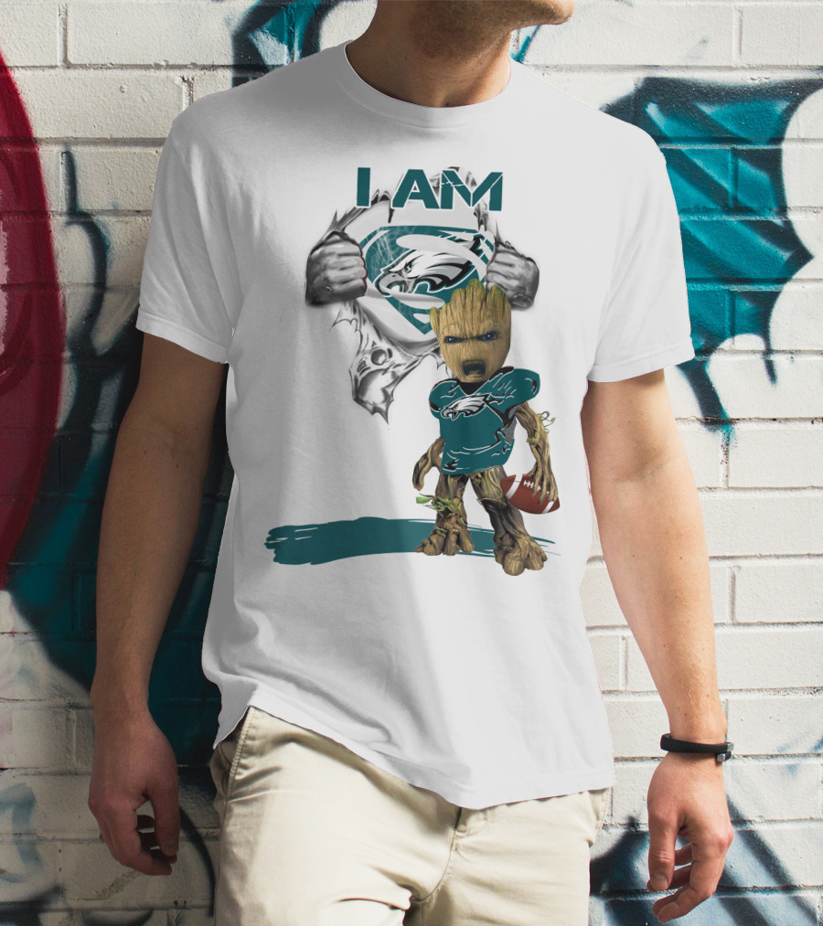 I Am Eagles Baby Groot Superman Football Fan T-Shirt