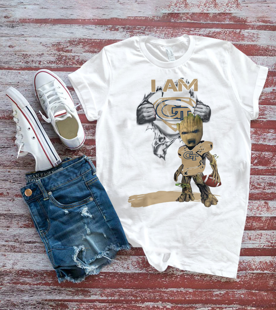 I AM Georgia Tech Baby Groot Superman Football T-Shirt