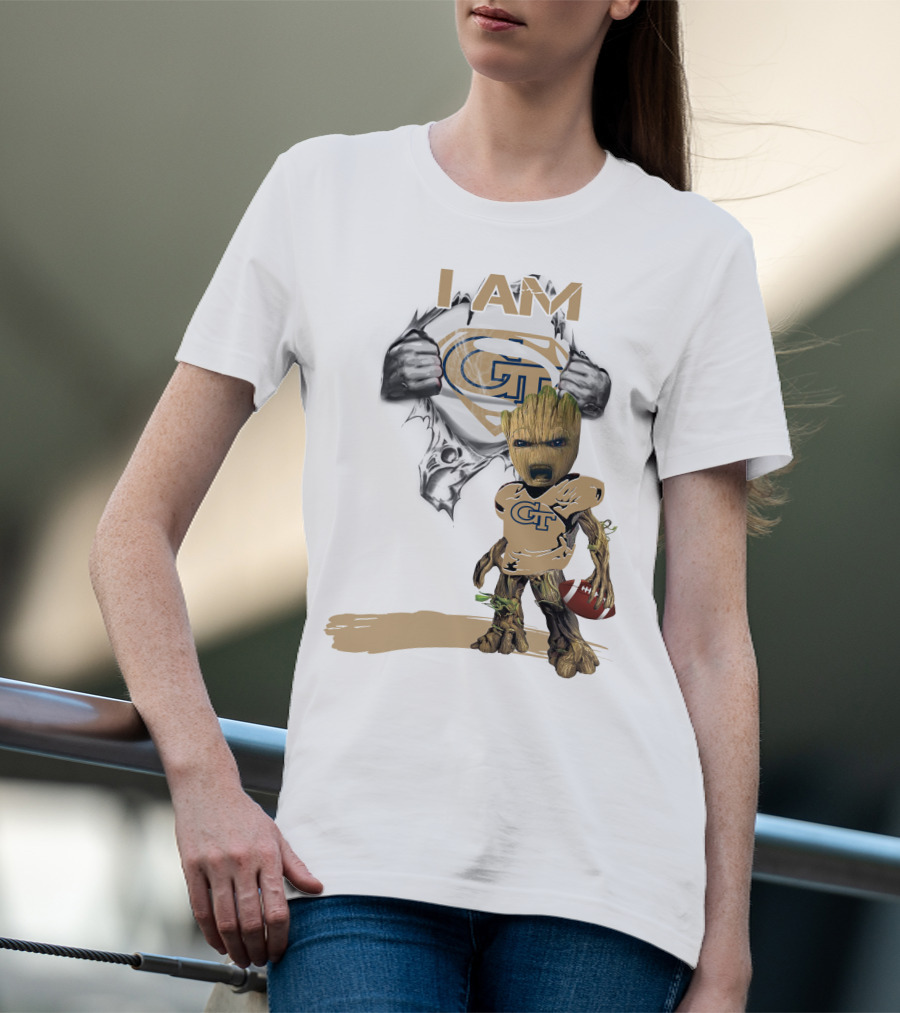 I AM Georgia Tech Baby Groot Superman Football T-Shirt