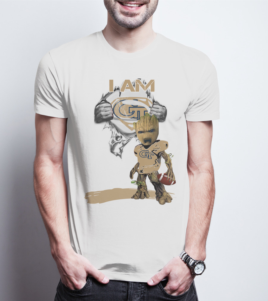 I AM Georgia Tech Baby Groot Superman Football T-Shirt