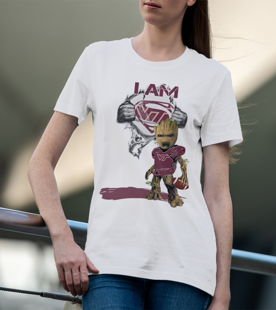 I AM Hokies VT Baby Groot Superman Football T-Shirt