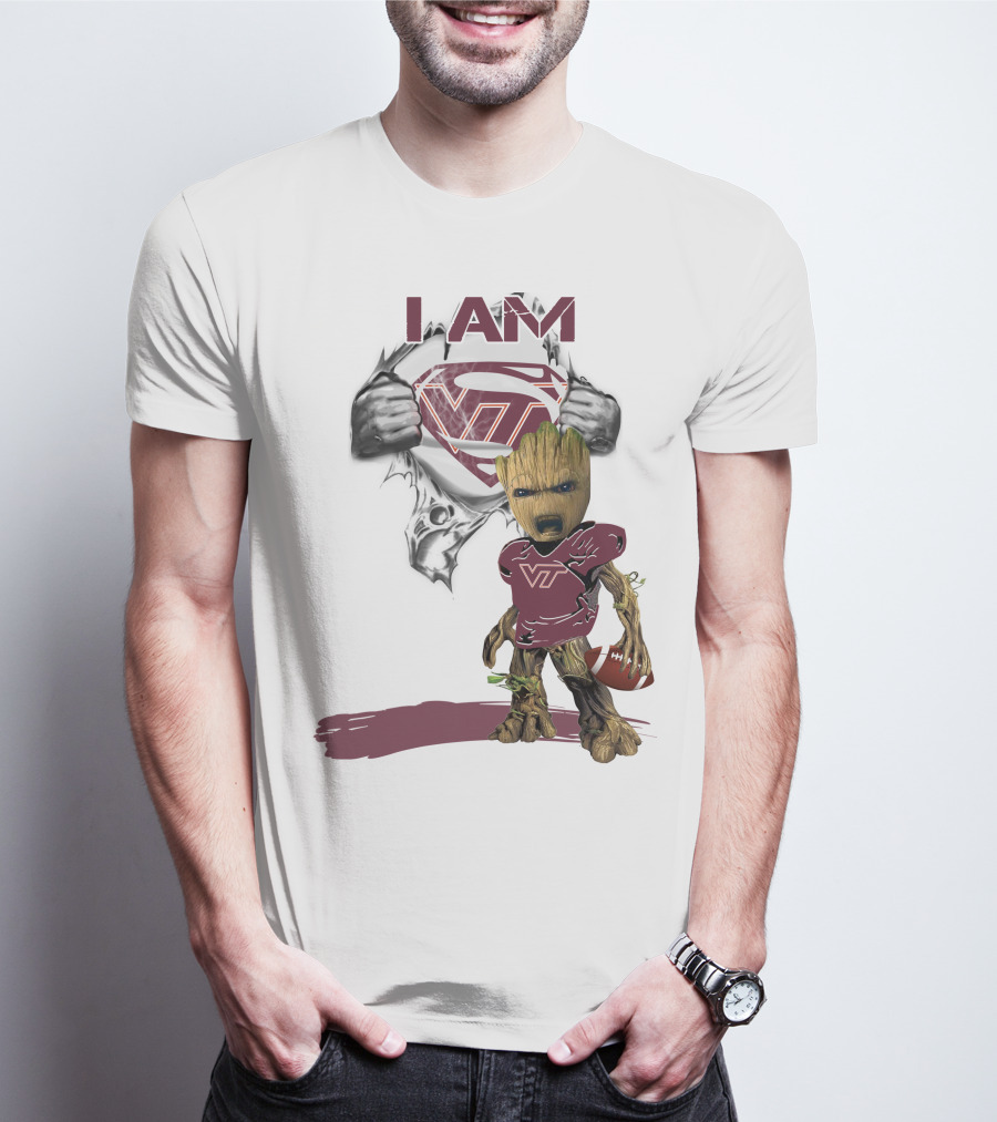 I AM Hokies VT Baby Groot Superman Football T-Shirt