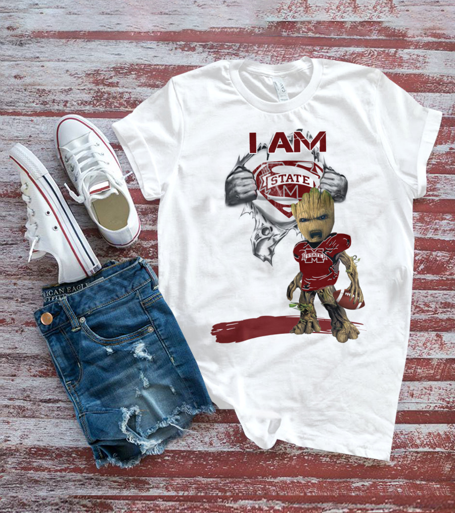 I Am Mississippi State Baby Groot Superman Football T-Shirt