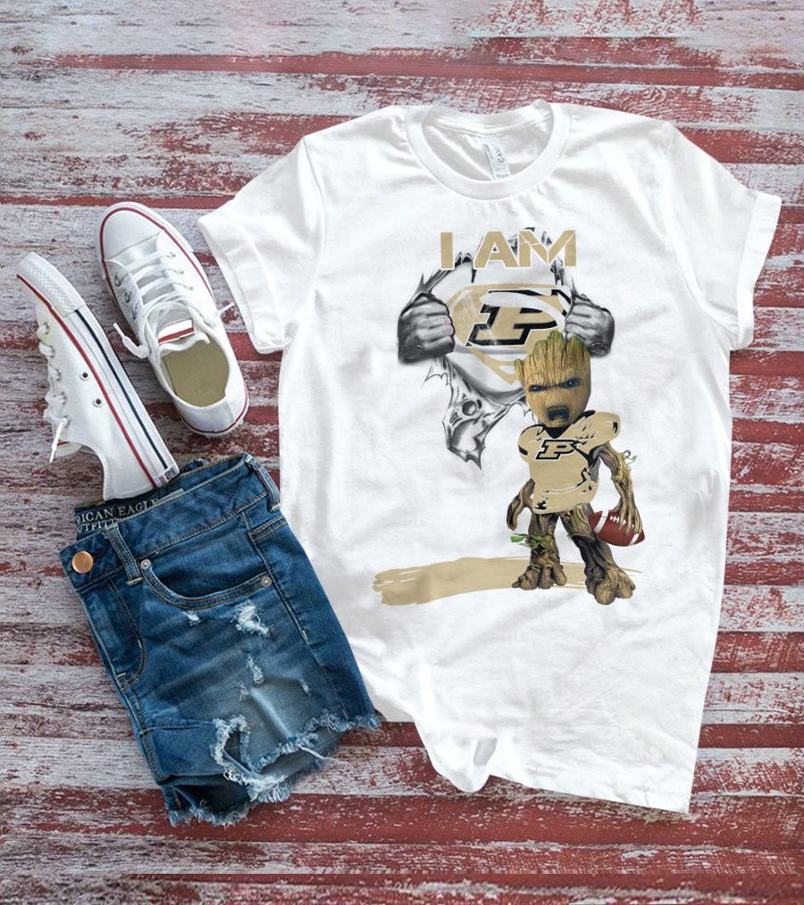 I AM Purdue Baby Groot With Football Superman T-Shirt