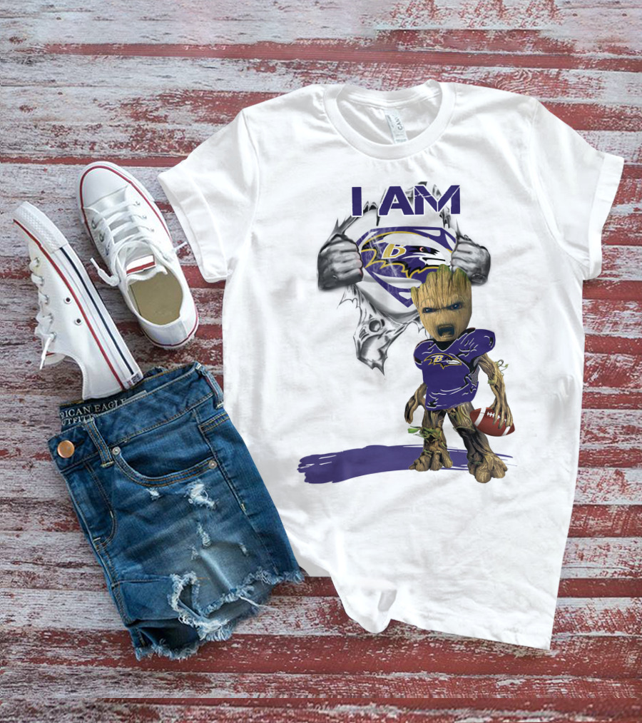 I Am Ravens Baby Groot Superman Football Ravens T-Shirt