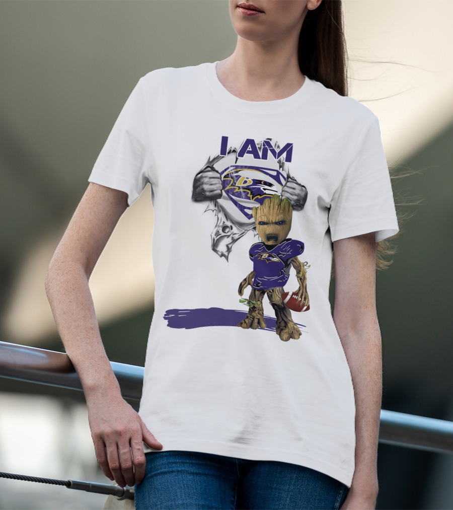 I Am Ravens Baby Groot Superman Football Ravens T-Shirt