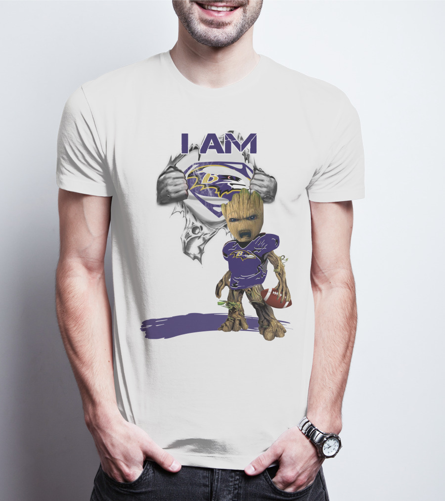 I Am Ravens Baby Groot Superman Football Ravens T-Shirt