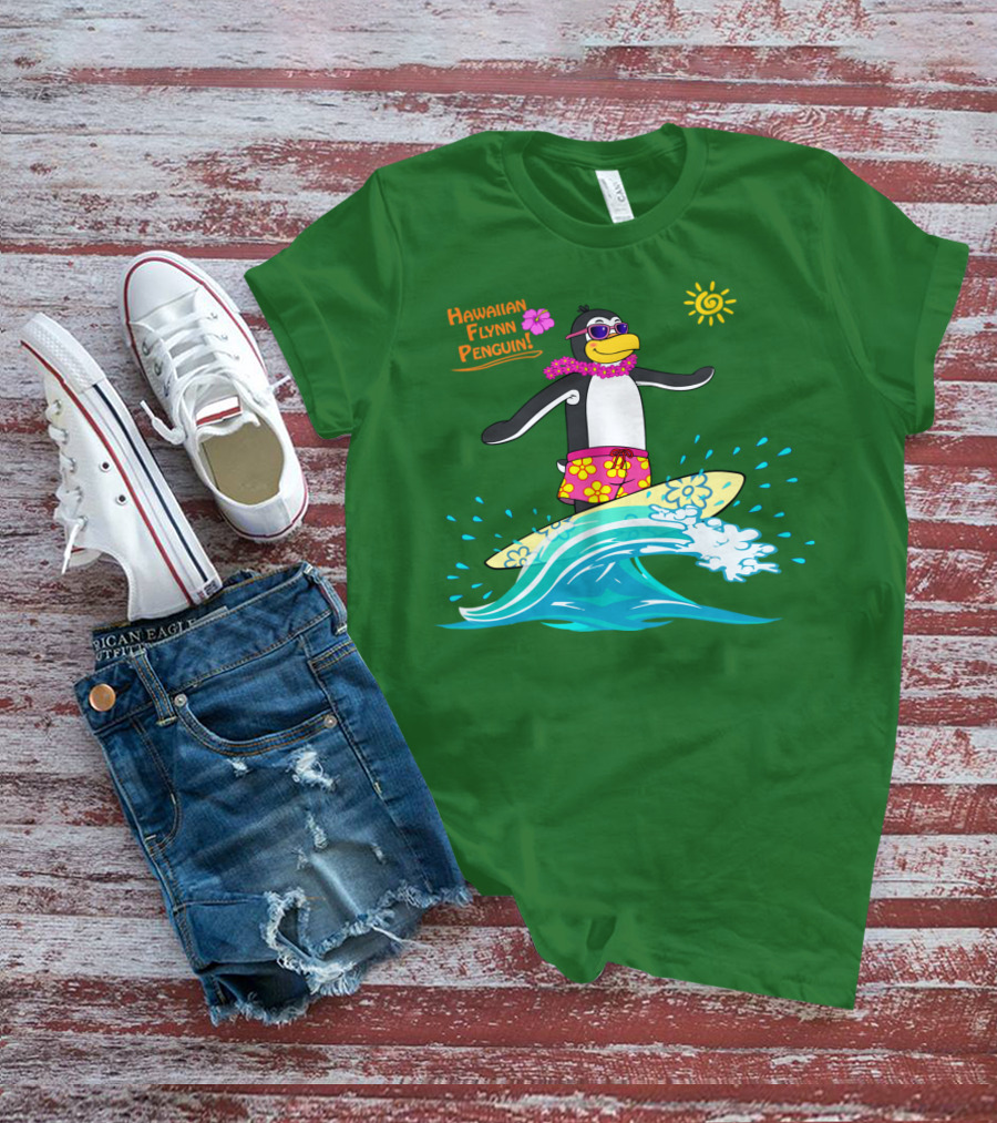 Hawaiian Flynn Penguin Surfing With Floral Lei And Sunglasses T-Shirt