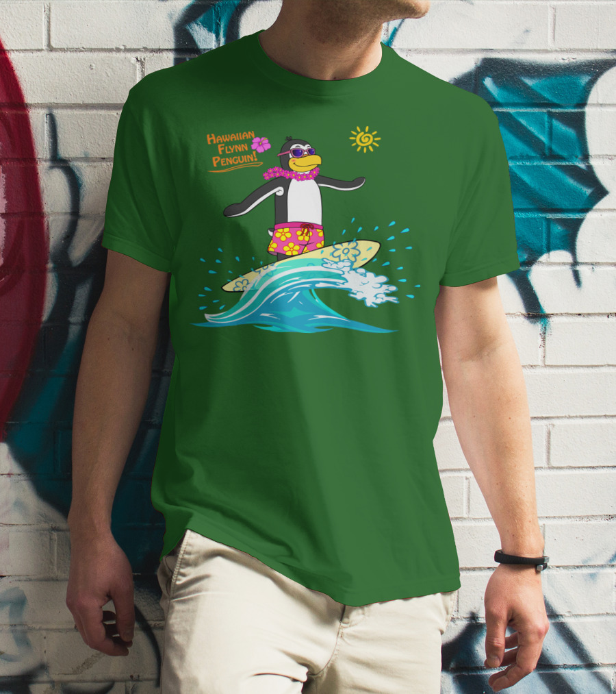 Hawaiian Flynn Penguin Surfing With Floral Lei And Sunglasses T-Shirt