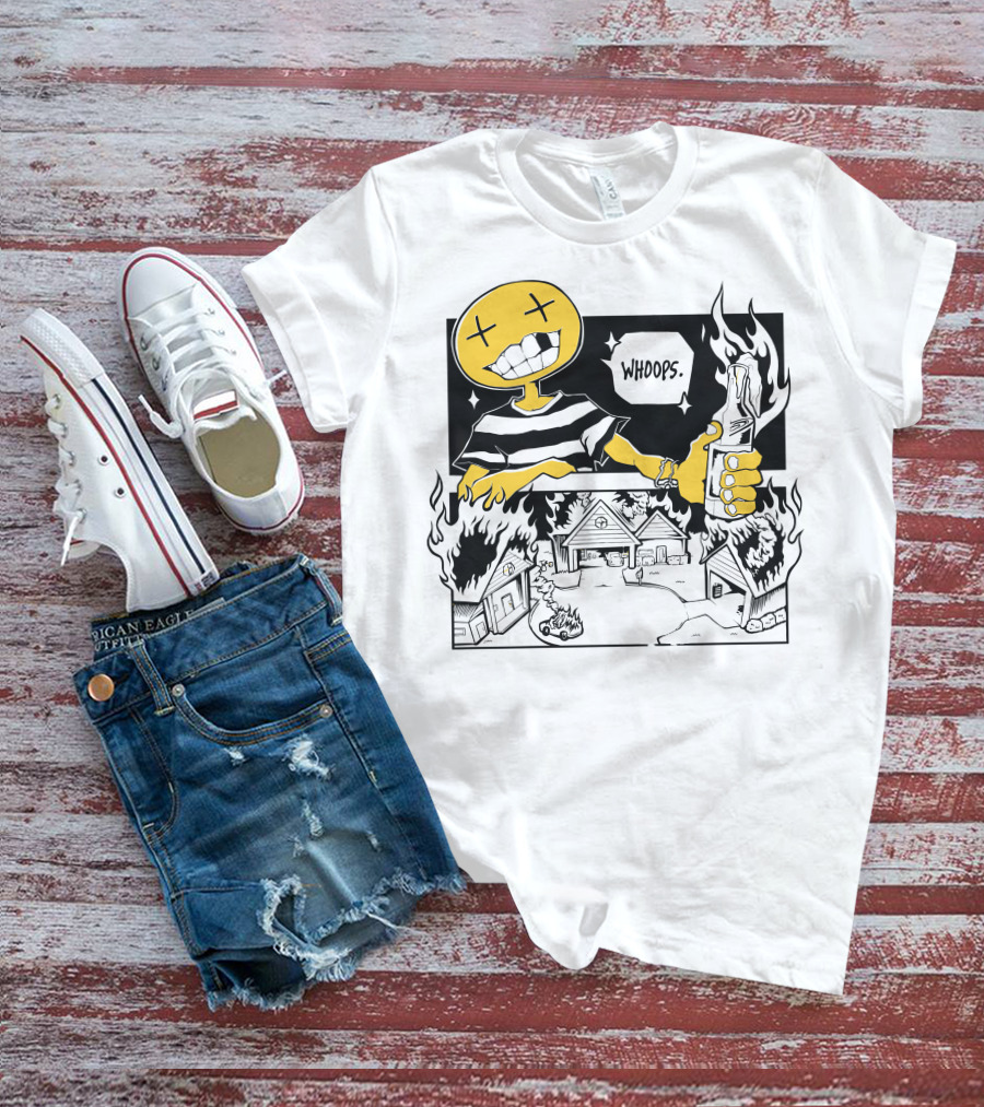 OFFCANNY New Merch Whoops Smiling Figure With Flaming Houses And Bottle T-Shirt