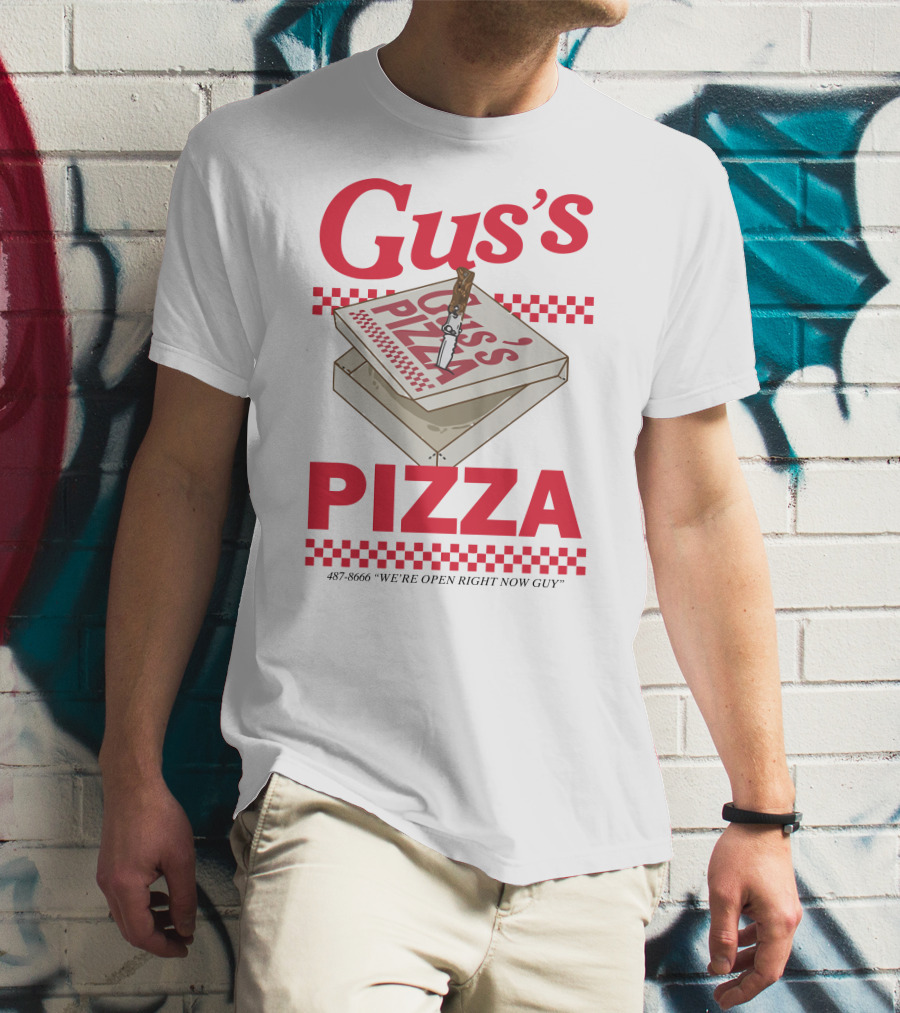Gus's Pizza Box Knife 487-8666 We're Open Right Now Guy T-Shirt