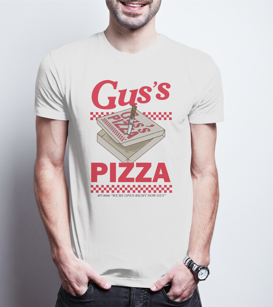 Gus's Pizza Box Knife 487-8666 We're Open Right Now Guy T-Shirt