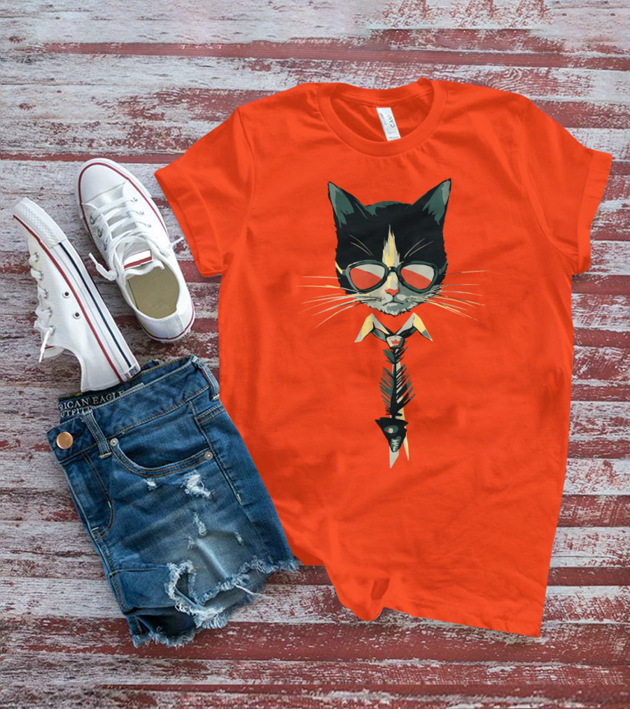 Bibisama CAT With Sunglasses And Fish Skeleton Tie T-Shirt