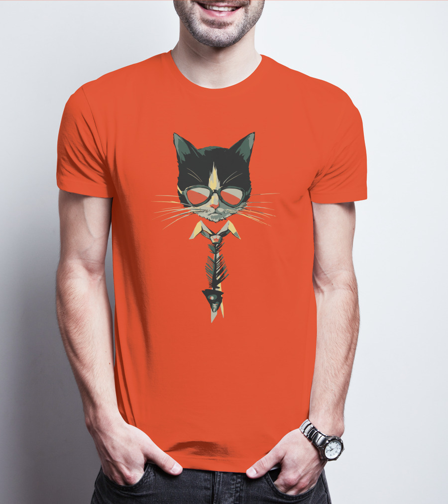 Bibisama CAT With Sunglasses And Fish Skeleton Tie T-Shirt