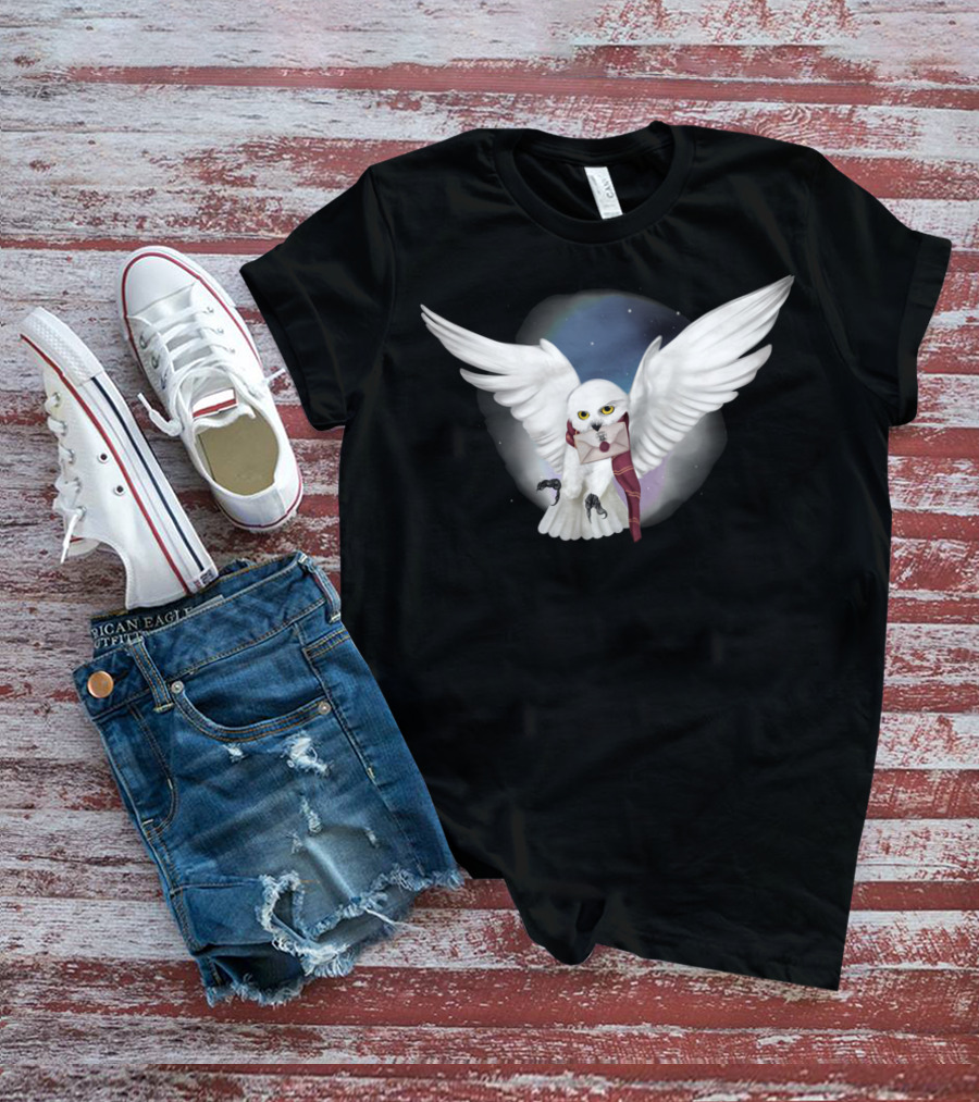 Snowy White Owl With Letter And Red Scarf In Starry Sky T-Shirt