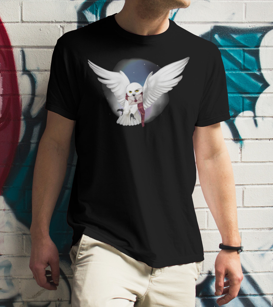 Snowy White Owl With Letter And Red Scarf In Starry Sky T-Shirt