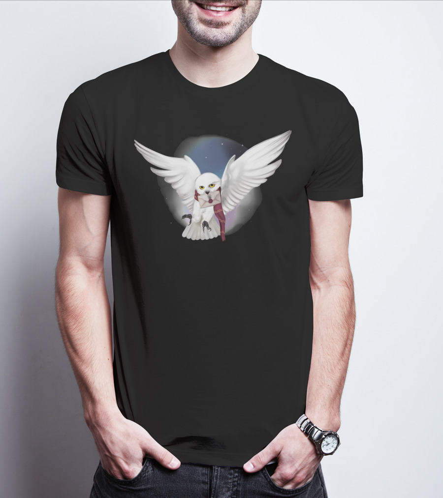 Snowy White Owl With Letter And Red Scarf In Starry Sky T-Shirt