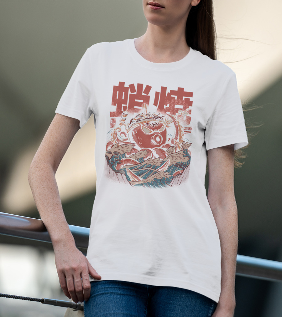 Takoyaki Attack Black Version Active Octopus Waves Kanji Sea T-Shirt