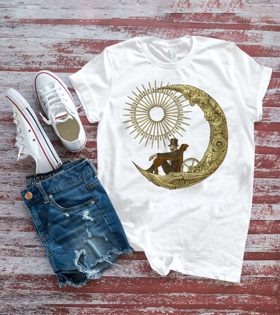 Victorian Gentleman On Ornate Crescent Moon With Sunburst - Moon Travel T-Shirt